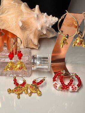 Gold & Red Chinese Lucky Charm Hoop Earrings - set of 4